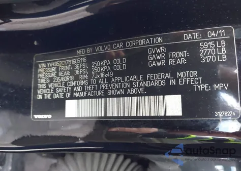 2011 Volvo Xc90 3.2 из США, поврежденный, VIN YV4952CY7B1605116